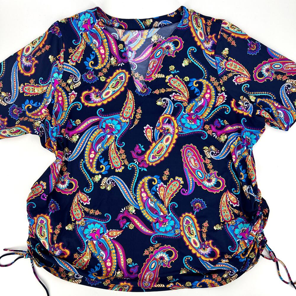 Lands End Womens Swim Rash Guard Cover Up Ruched V Neck Paisley Size 3X Preowned